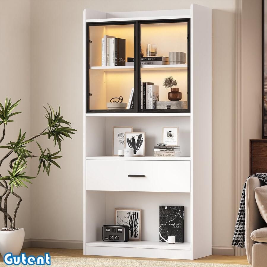 Gutent Vitrinekast Pop-up glazen deur 1 lade & 16 kleuren licht Wit Zwart venster