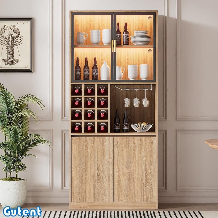 Gutent Wijnkoeler Vitrinekast Met glazen deur Met verlichting 180 CM hoog Houten kleur