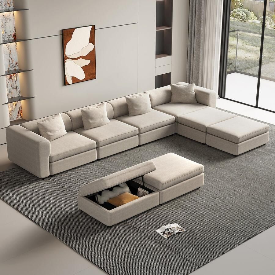 GUYII bank Hoekbank Lichtbeige Modulaire bank Comforter Stijlvolen Oversized De Bank for Woonkamer met 4 Kussens 8-zitsbank de Bank voor woonkamer 4 Voetsteun met Opbergruimte，Klein Appartement Lounge sofa (8 zitplaatsen)