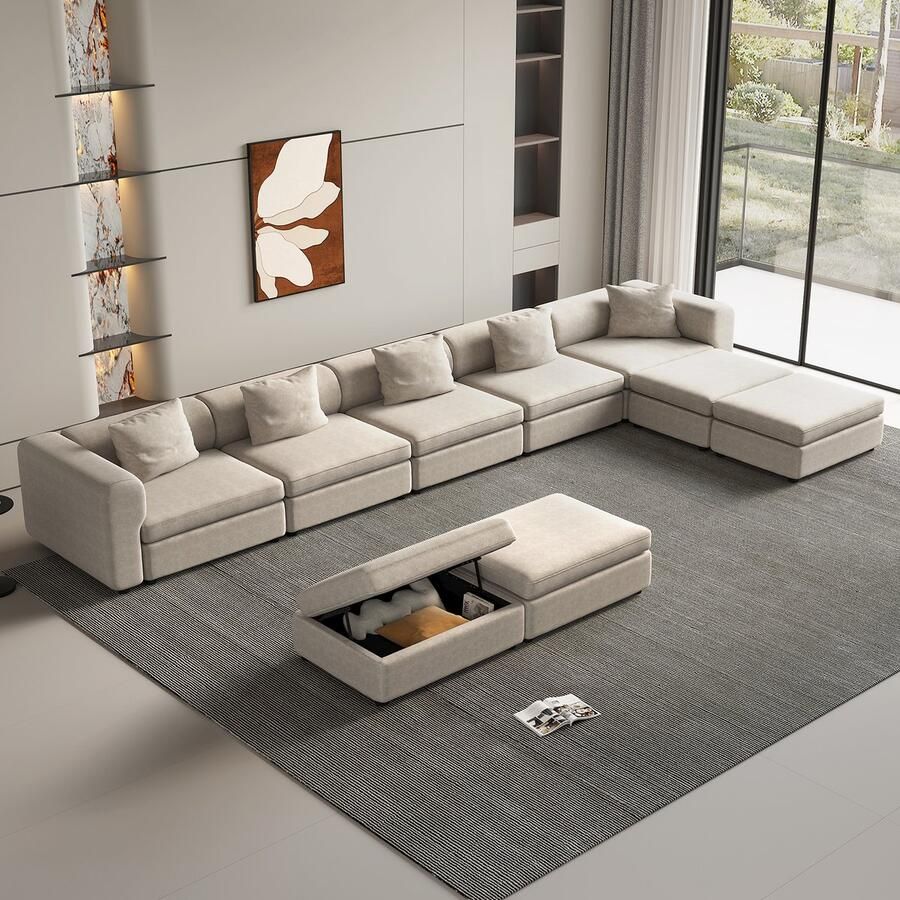 GUYII bank Hoekbank Lichtbeige Modulaire bank Comforter Stijlvolen Oversized De Bank for Woonkamer met 5 Kussens 9-zitsbank de Bank voor woonkamer 5 Voetsteun met Opbergruimte，Klein Appartement Lounge sofa (9 zitplaatsen)