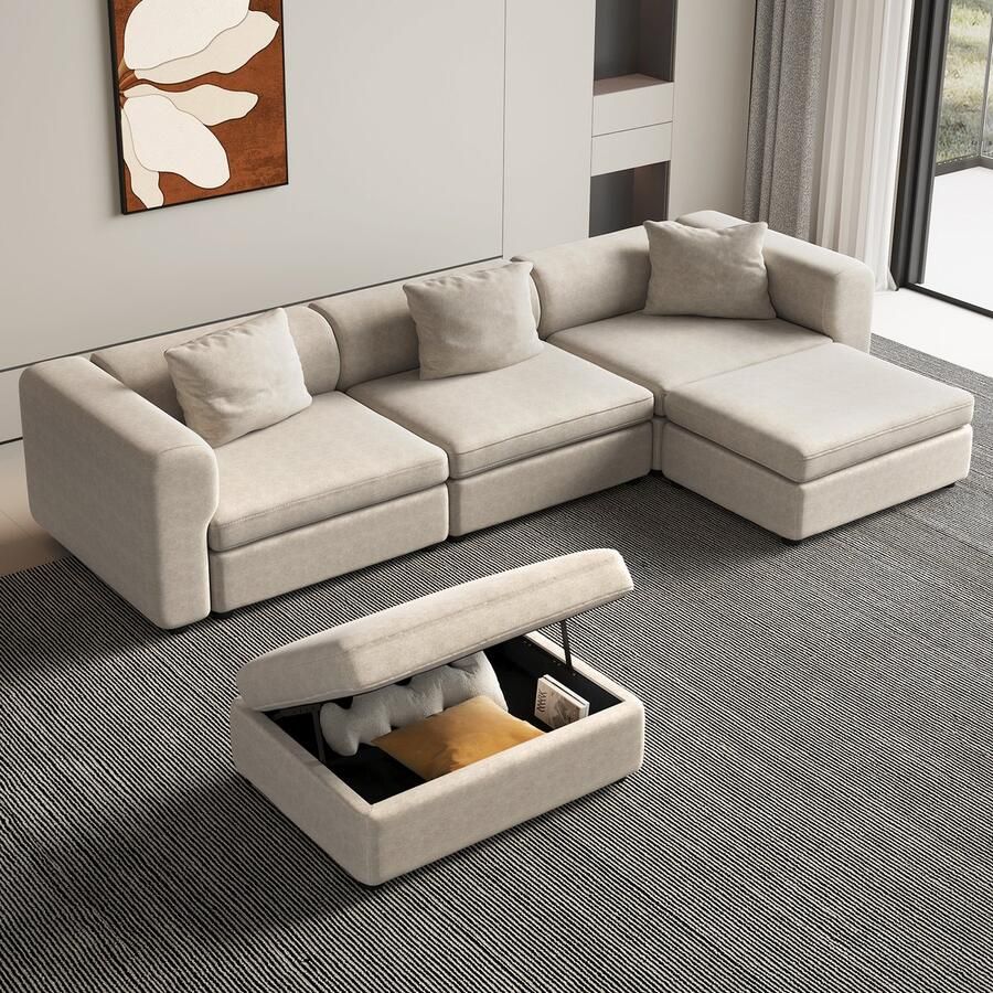 GUYII bank WoonkamerBank Lichtbeige Modulaire bank Comforter Stijlvolen Oversized De Bank for Woonkamer met 3 Kussens 5-zitbank de Bank voor woonkamer 2 Voetsteun met Opbergruimte，Klein Appartement Lounge sofa (5 zitplaatsen)