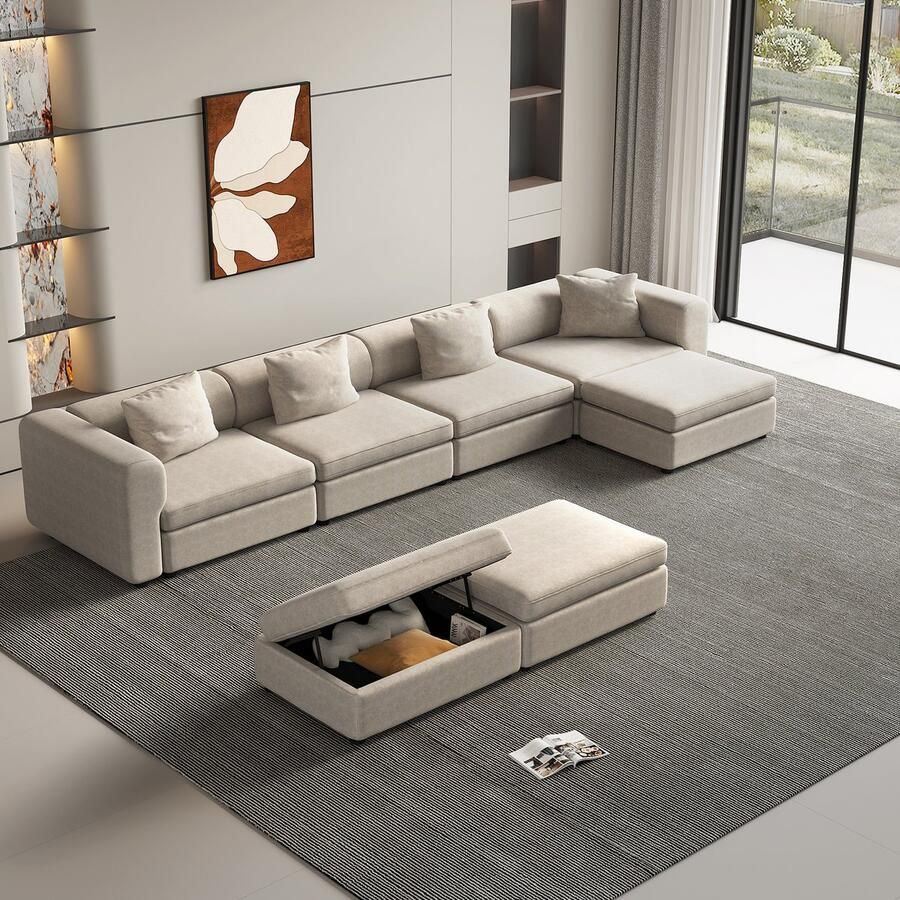 GUYII bank WoonkamerBank Lichtbeige Modulaire bank Comforter Stijlvolen Oversized De Bank for Woonkamer met 4 Kussens 7-zitbank de Bank voor woonkamer 3 Voetsteun met Opbergruimte，Klein Appartement Lounge sofa (7 zitplaatsen)