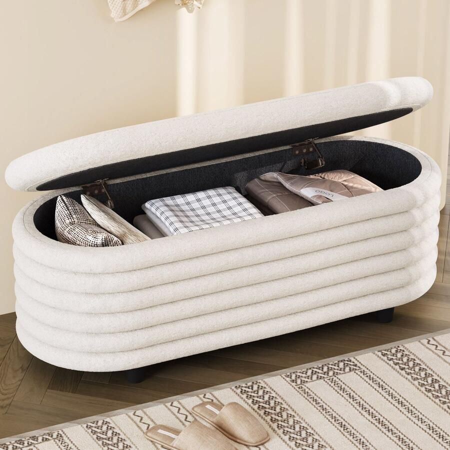 GUYII Meubella Poefs Moderne opbergbank 116 5 cm – Stoffen bankje met opbergruimte – Ovale vorm – Crème wit – Slaapkamer of hal