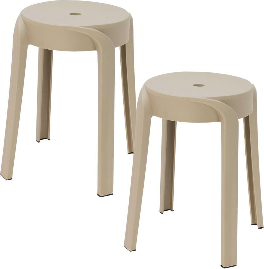 H&S Collection Bijzet krukje zit krukje Astora 2x kunststof beige D34 x H45 cm extra stoelen binnen buiten stapelbaar
