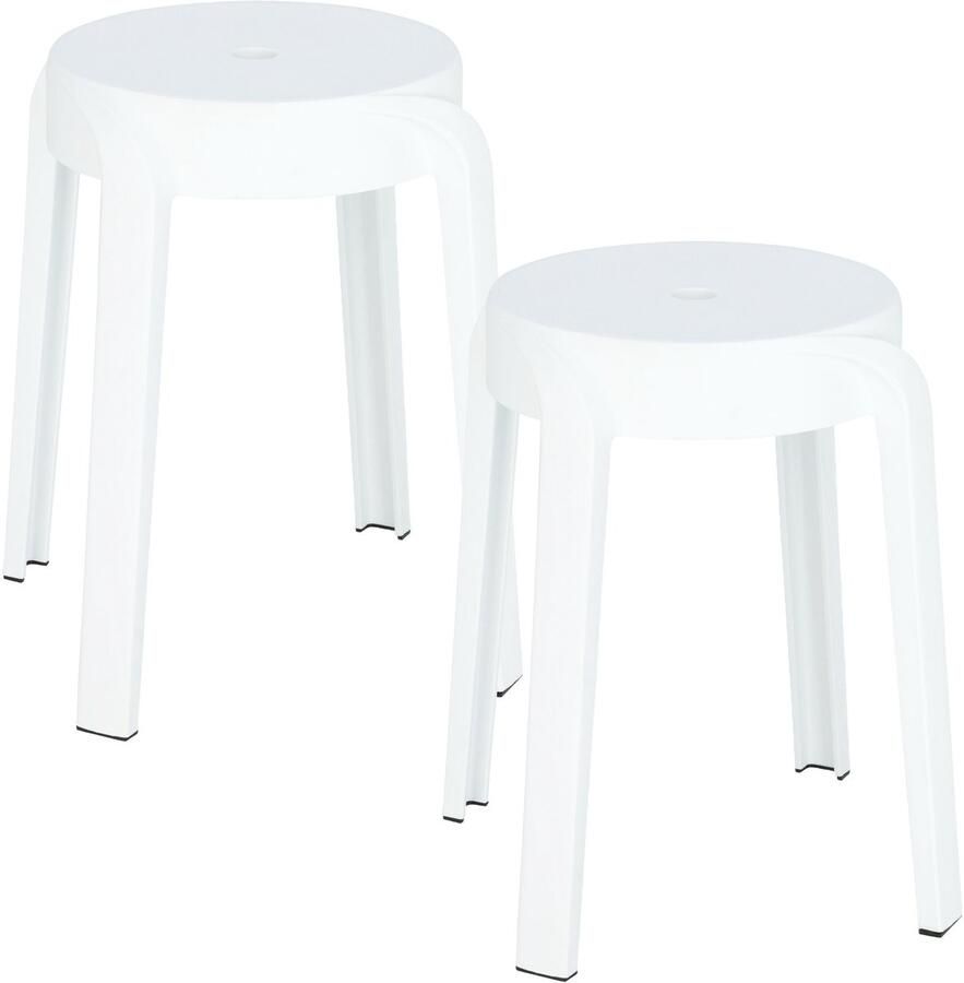 H&S Collection Bijzet krukje zit krukje Astora 2x kunststof wit D34 x H45 cm extra stoelen binnen buiten stapelbaar