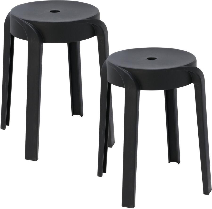 H&S Collection Bijzet krukje zit krukje Astora 2x kunststof zwart D34 x H45 cm extra stoelen binnen buiten stapelbaar