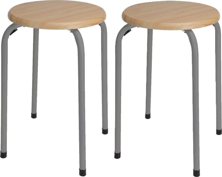 H&S Collection Bijzet krukje zit krukje Maurits 2x metaal hout grijs D37 x H45 cm