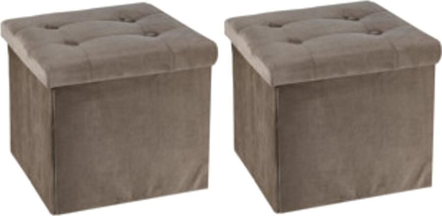 H&S Collection Poef hocker krukje 2x opbergbox lichtbruin fluweel polyester 38 x 38 cm Poefs