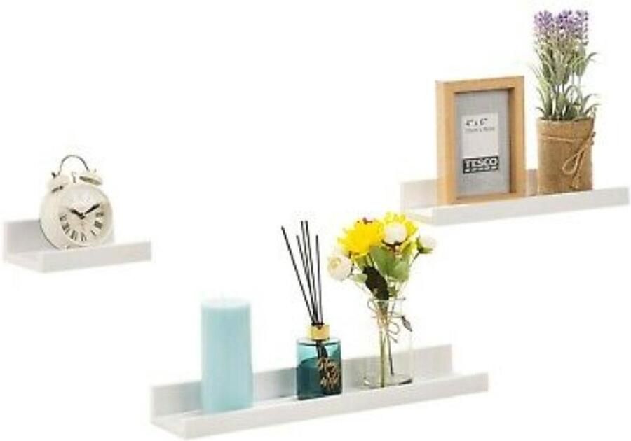 H&S Collection Wandplank set van 3 45 cm 30 cm en 15 cm Wit Fotoplank Fotoplanken Wandplanken set Wit Foto plank Boekenplacmp kunststof