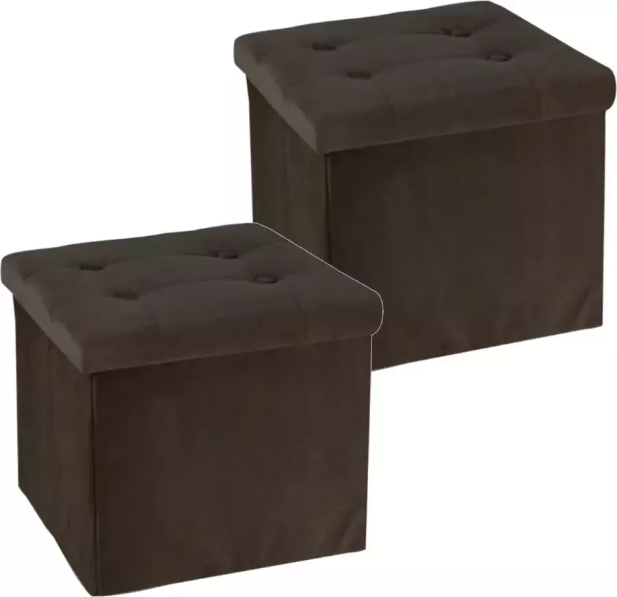 H&S Collection Poef hocker krukje 2x opbergbox donkerbruin fluweel polyester 38 x 38 cm Poefs