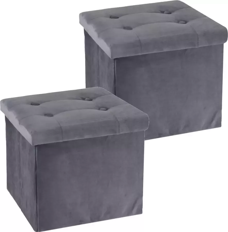 H&S Collection Poef hocker krukje 2x opbergbox donkergrijs fluweel polyester 38 x 38 cm Poefs