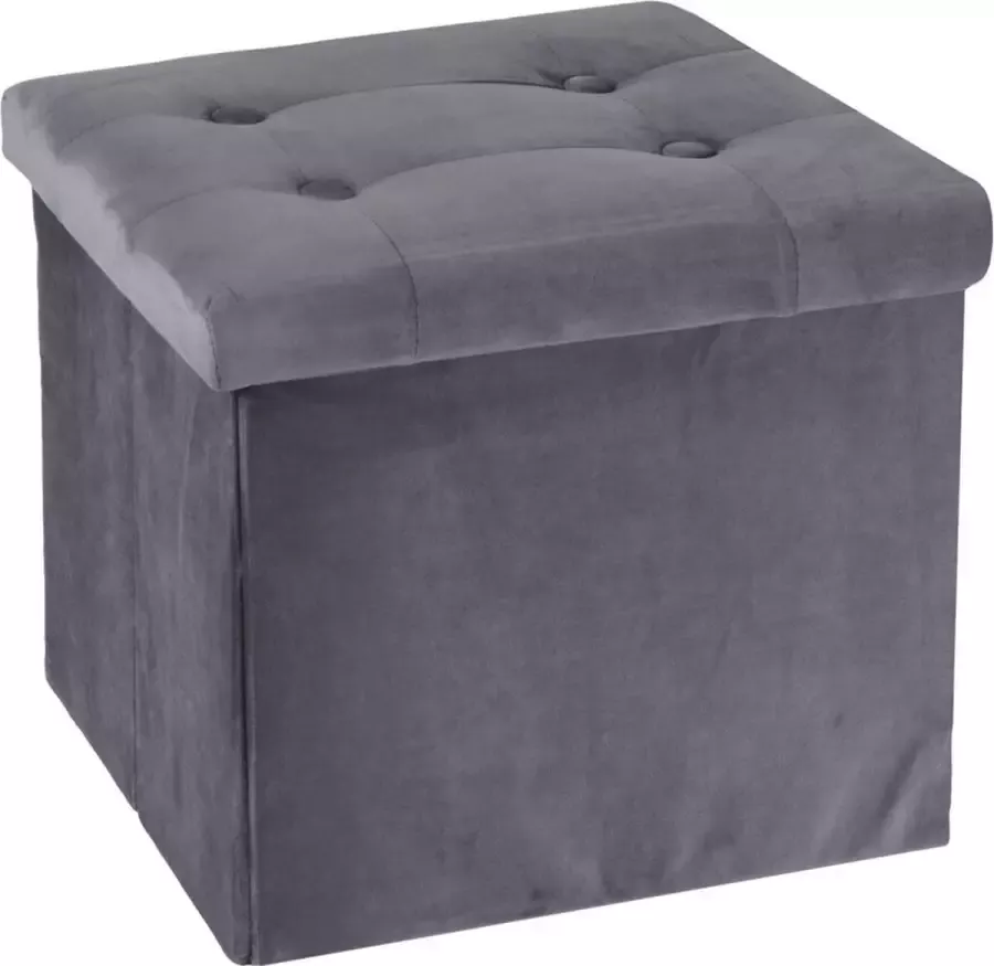 H&S Collection Poef hocker krukje opbergbox donkergrijs fluweel polyester 38 x 38 cm Poefs