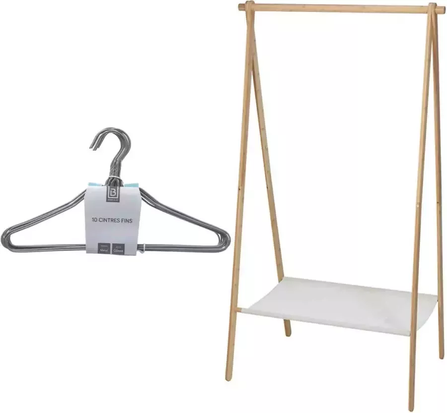 H&S Collection Set van kledingrek met plank en kledinghangers bamboe 155 cm