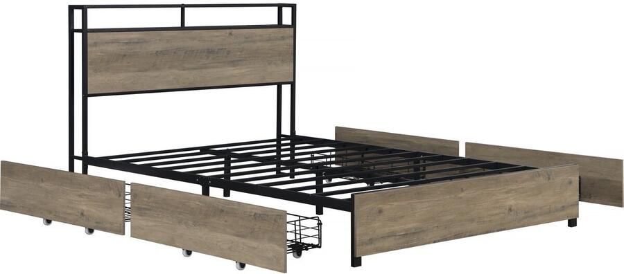 Habitat et Jardin Tweepersoonsbed met lades en hoofdbord met stopcontact en usb-c Léa 140 x 190 cm Bruin kastanjebruin