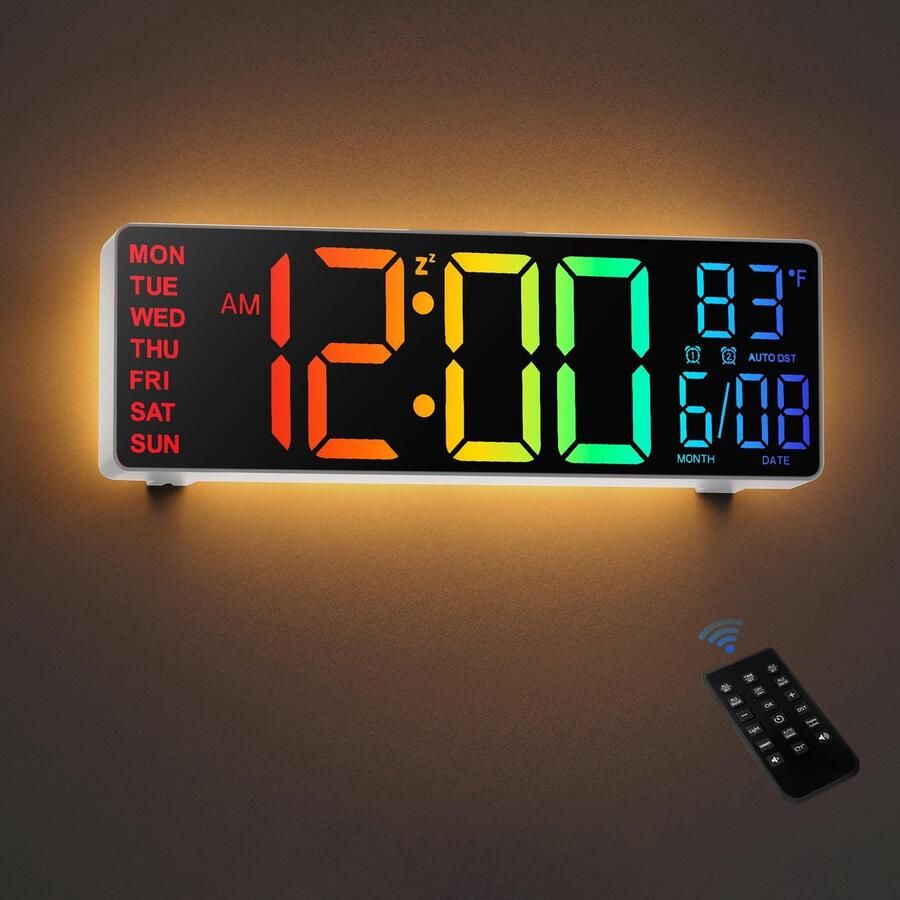 ‎HAITANG Digitale Wandklok 10 5 Grote Wandklok met Temperatuurweergave Datum en Dag RGB Kleur Automatische Helderheidsdimmer Nachtlampjes 24 12-uurs LED voor Bureau Slaapkamer