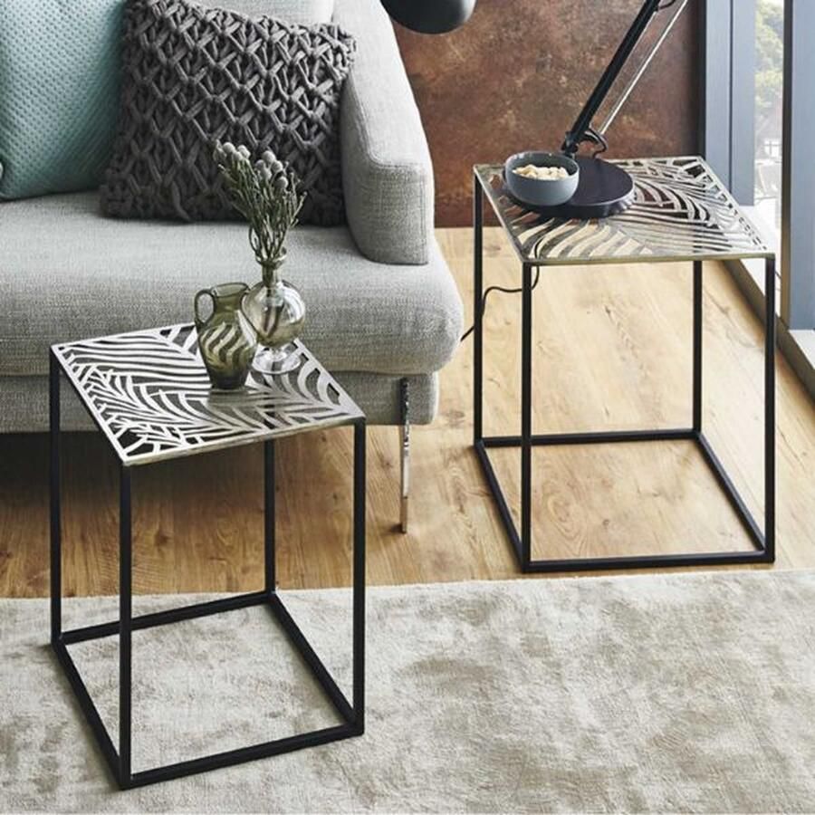 Haku EMOB Bijzettafelset 35 x 35 x 45 cm Black Leaf-design Hoektafels Zwart Metaal Hoektafels Op voorraad - Foto 2