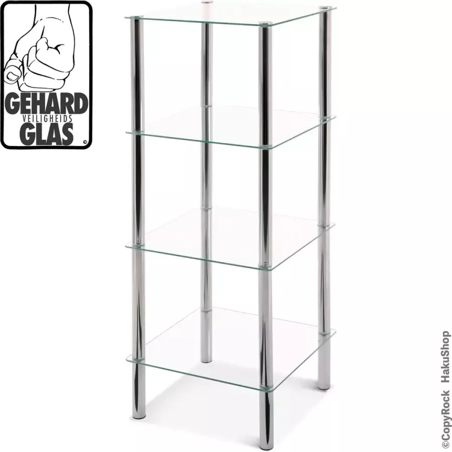 HakuShop 4-laags glazen Etagere|39x39|Gehard veiligheid glas|Hoge Bijzettafel van verchroomd staal|107cm hoog