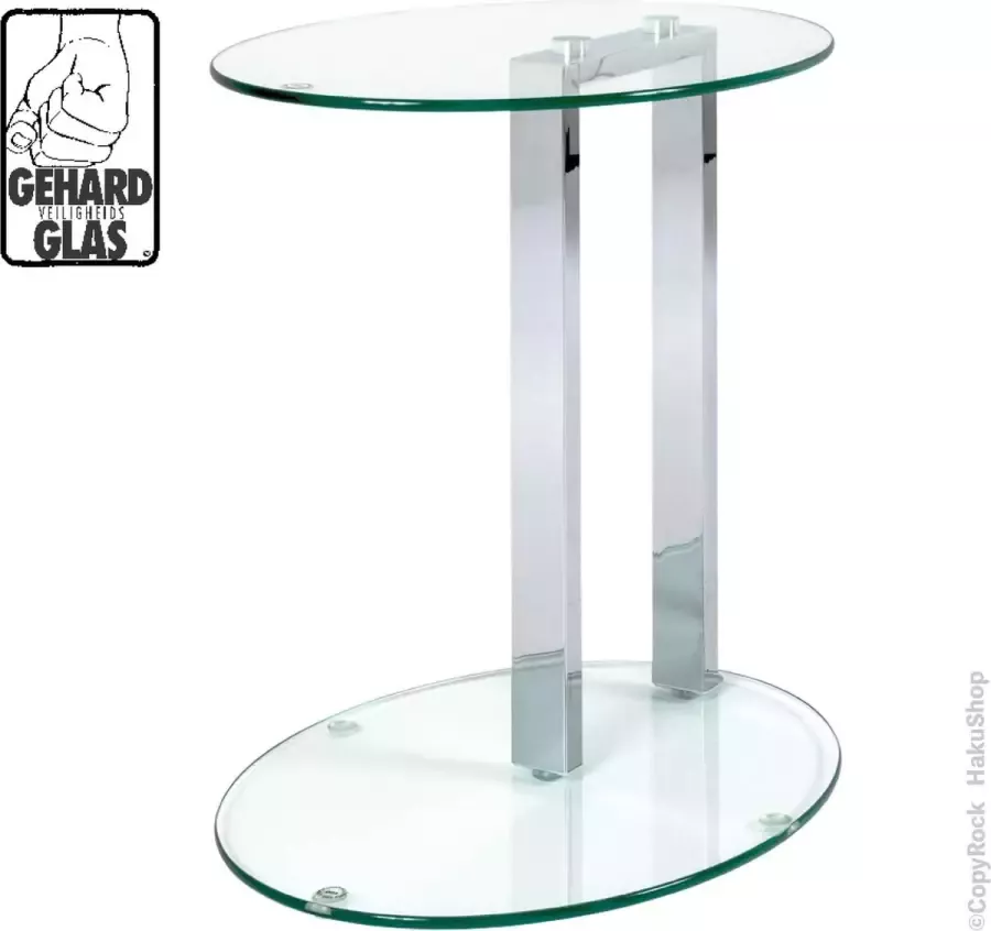 HakuShop Bijzettafel gehard 8mm veiligheids glas ruim 7kg Ovaal glazen bijzet tafel Strak stoer ovale designer tafel op krasvrije voetjes |45x35x50cm