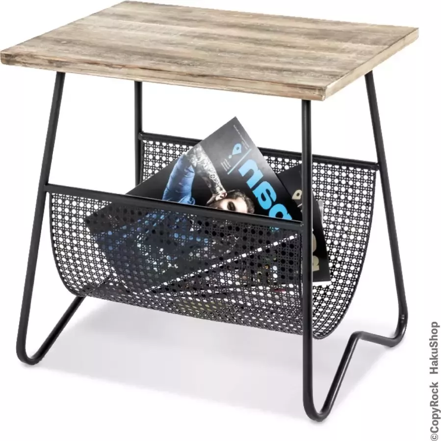HakuShop Bijzettafel met lectuurbak |Eikenhout motief MDF bovenblad|stabiele krantenbak van sterk zwart staal| 50x40cm