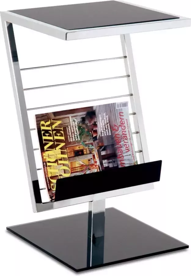HakuShop Bijzettafel Zwart Veiligheidsglas Met lectuurbak Verchroom staal 36x30x60