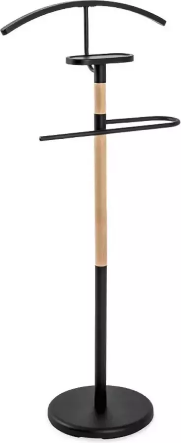 HakuShop Dressboy van staal en hout Zwart met massief beuken kledingstandaard Elegante kledinghouder Verzwaarde voet- 47 x 29 x 112 cm