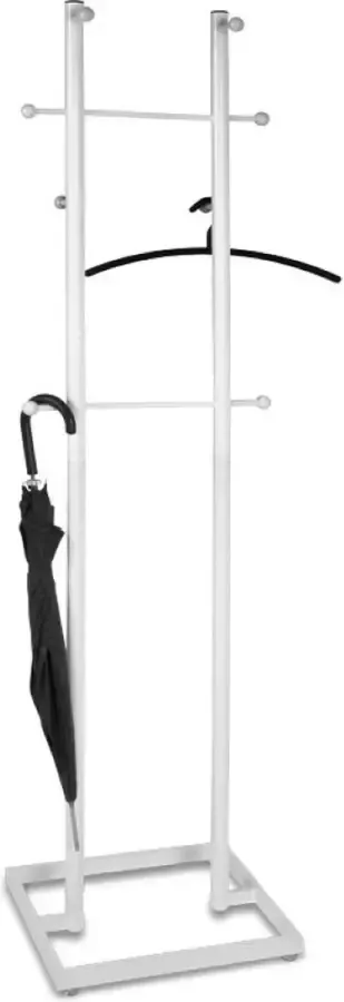 HakuShop Garderobe Staande garderobe Sterk hoogglans wit gelakt staal Stabiele voet 8 haaks Massief houten bollen 2 tussenstangen 46 x 35 x 179 cm