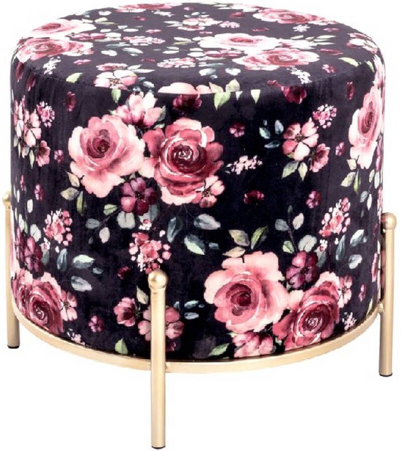 HK-Shop Poef – Zwart textiel met rozenmotief – Ronde hocker en voetenbank – 45 cm hoog 40 cm diameter
