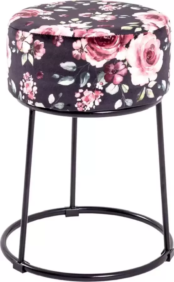 HK-Shop Poef – Rond model met zwart roosmotief – Hocker en voetenbankje – Stijlvolle poef en bijzettafel in één – Elegant en multifunctioneel design