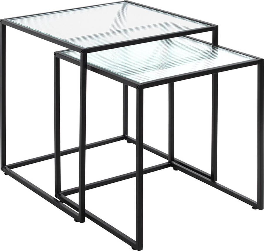 HakuShop Set bijzettafels Zwart Staal Gegolfd Glas Vierkant |40x44x40cm