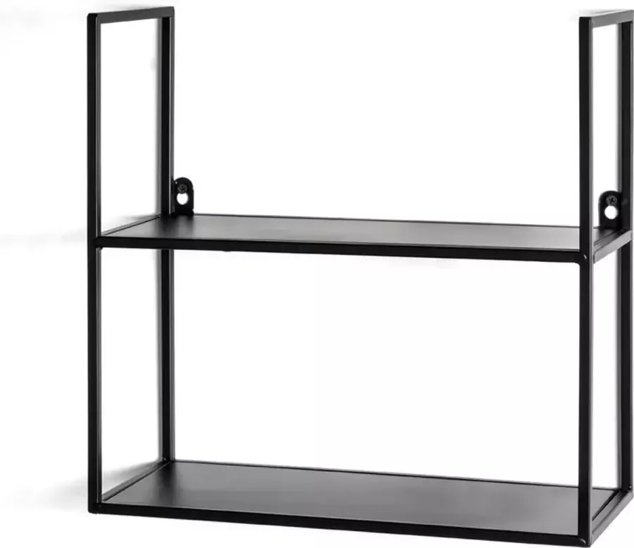 HakuShop Vintage Wandrek vierkant industrieel metaal 2 planken zwart metalen rek
