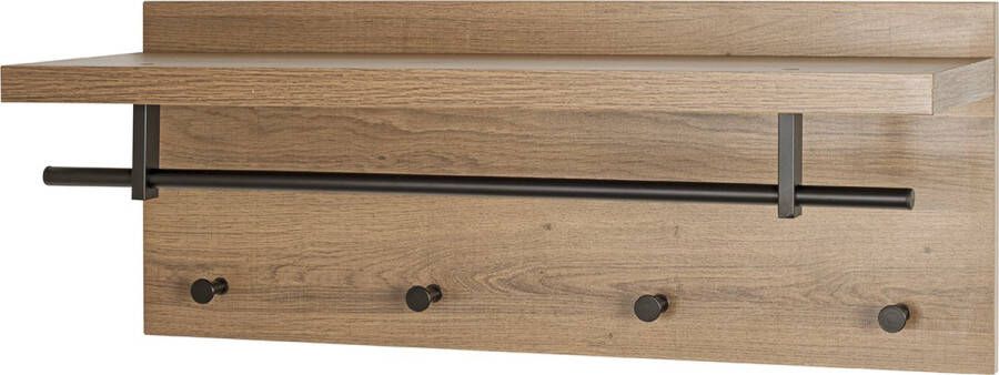 HK-Shop Wandkapstok – Warm eiken en zwart staal – Met hoedenplank – 75x30x26 cm – Stijlvol industrieel design
