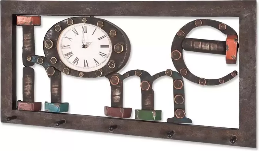 HK-Shop Wandkapstok – Antraciet MDF met “Home”-opdruk en klokje – 70x8x35 cm – Sfeervol design