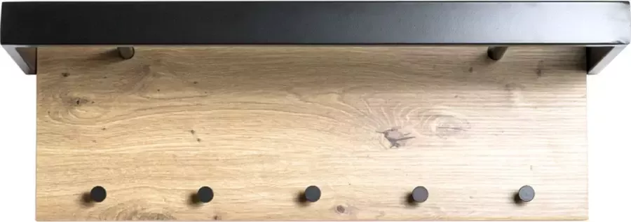 HakuShop WandKapstok Zwart stalen stang Houten achterplank Stang 5 Haaks 70 x 30 x 26 cm