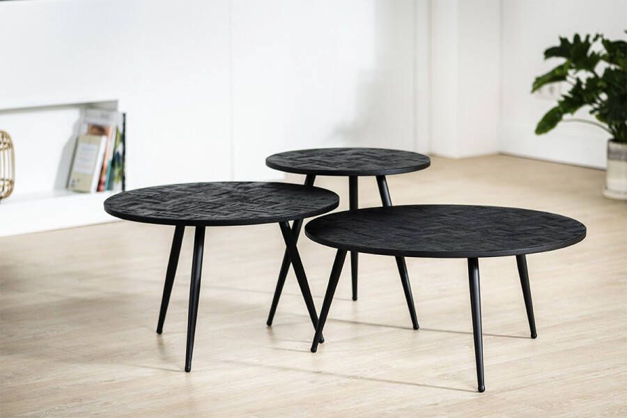 Haluta Teak Salontafel Set van 3 Zwart Visgraat
