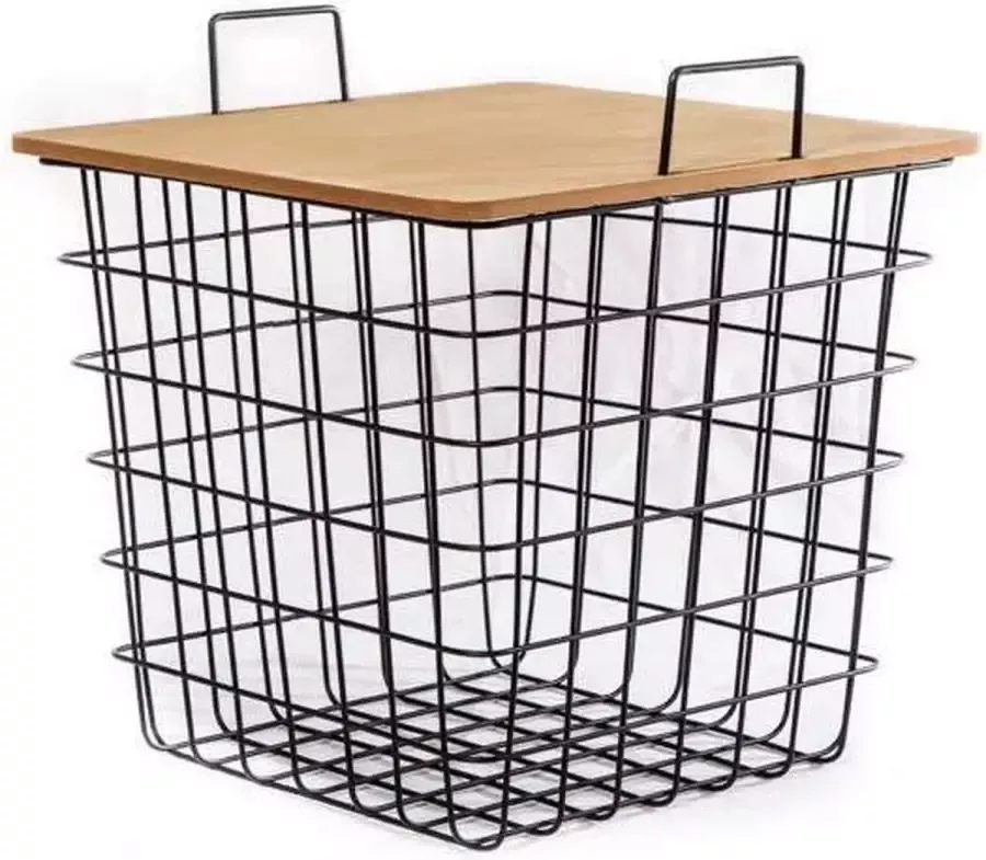 Hamilton Living Opberg draadmand tafel Mandvormige Kubus Metaal met houten deksel Wire Basket Square Wooden top bijzettafel
