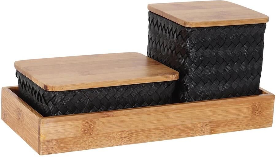 Handed By Organizer Opbergmanden met bamboe deksel en rechthoekige tray Bureau Organizer Bureauhouder Bureau accessoires Set manden met deksel Handgemaakt Duurzaam Organize (F)it ! zwart black