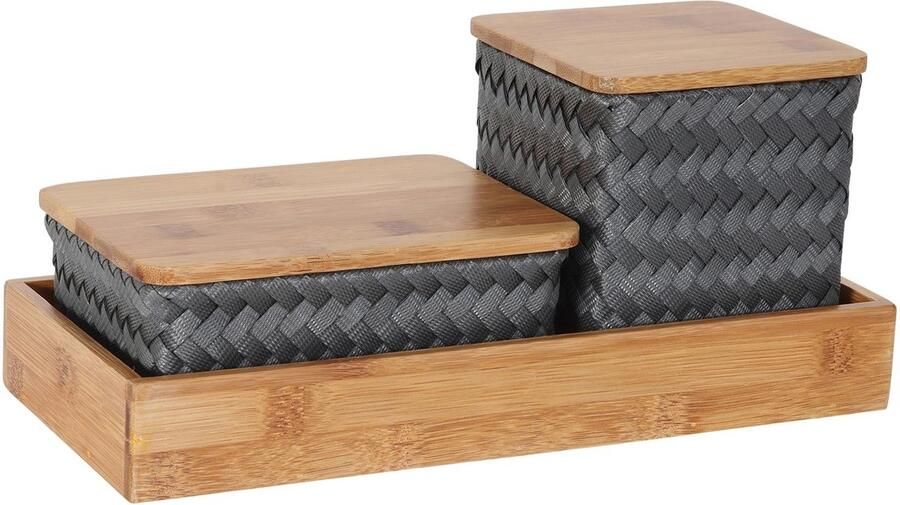 Handed By Organizer Opbergmanden met bamboe deksel en rechthoekige tray Bureau Organizer Bureauhouder Bureau accessoires Set manden met deksel Handgemaakt Duurzaam Organize (F)it ! donker grijs dark grey