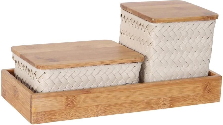 Handed By Organizer Opbergmanden met bamboe deksel en rechthoekige tray Bureau Organizer Bureauhouder Bureau accessoires Set manden met deksel Handgemaakt Duurzaam Organize (F)it ! beige- champagne