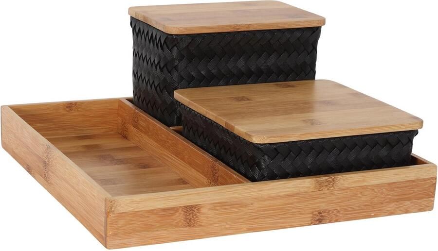 Handed By Organizer Opbergmanden met bamboe deksel en vierkante tray Bureau Organizer Bureauhouder Bureau accessoires Set manden met deksel Handgemaakt Duurzaam Organize (F)it ! zwart black