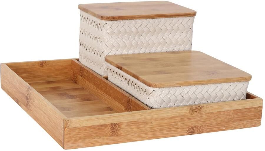 Handed By Organizer Opbergmanden met bamboe deksel en vierkante tray Bureau Organizer Bureauhouder Bureau accessoires Set manden met deksel Handgemaakt Duurzaam Organize (F)it ! beige- champagne