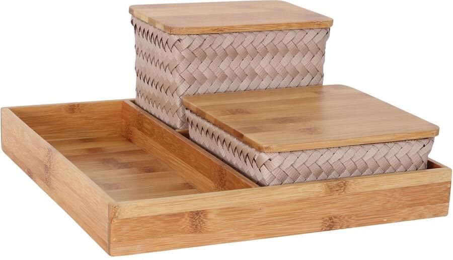 Handed By Organizer Opbergmanden met bamboe deksel en vierkante tray Bureau Organizer Bureauhouder Bureau accessoires Set manden met deksel Handgemaakt Duurzaam Organize (F)it ! bruin- caffè latte