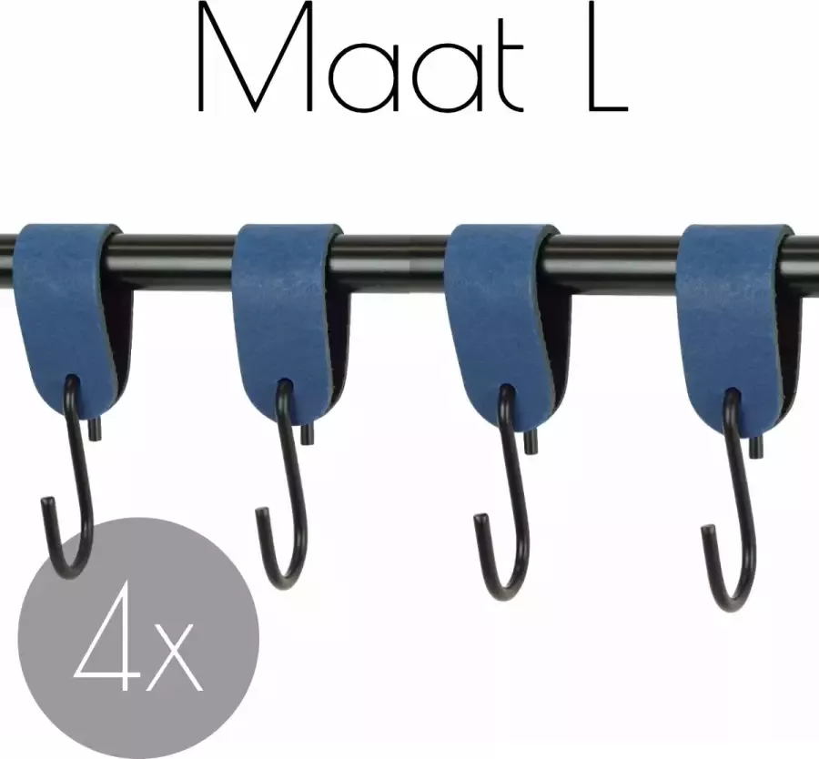 Handles and more 4x Leren S-haak hangers BLAUW maat L (Leren S-haken S haken handdoekkaakje kapstokhaak ophanghaken)