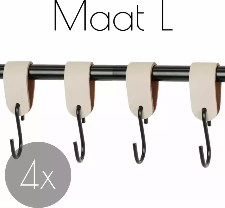 Handles and more 4x Leren S-haak hangers CREME maat L (Leren S-haken S haken handdoekkaakje kapstokhaak ophanghaken)