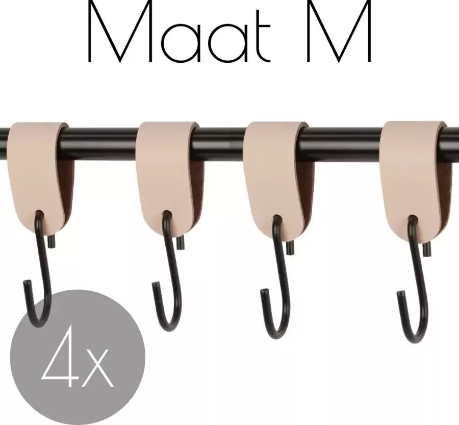 Handles and more 4x Leren S-haak hangers NATUREL maat M (Leren S-haken S haken handdoekkaakje kapstokhaak ophanghaken)