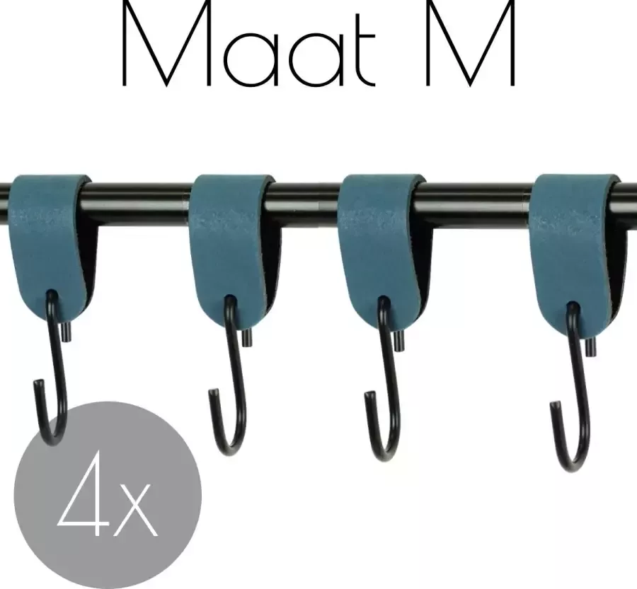 Handles and more 4x Leren S-haak hangers PETROL maat M (Leren S-haken S haken handdoekkaakje kapstokhaak ophanghaken)
