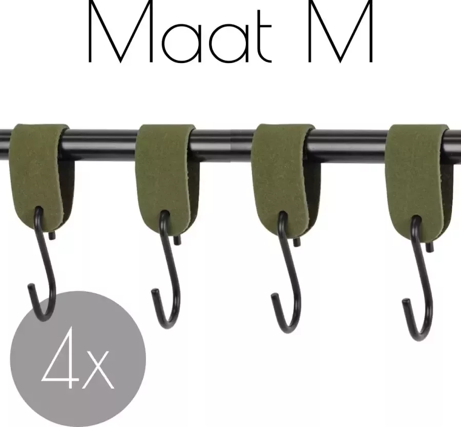 Handles and more 4x Leren S-haak hangers SUEDE OLIVE maat M (Leren S-haken S haken handdoekkaakje kapstokhaak ophanghaken)