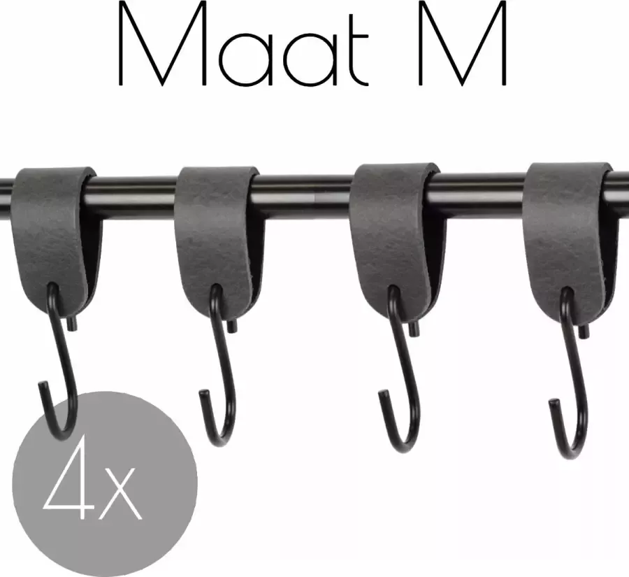 Handles and more 4x Leren S-haak hangers VINTAGE GREY maat M (Leren S-haken S haken handdoekkaakje kapstokhaak ophanghaken)