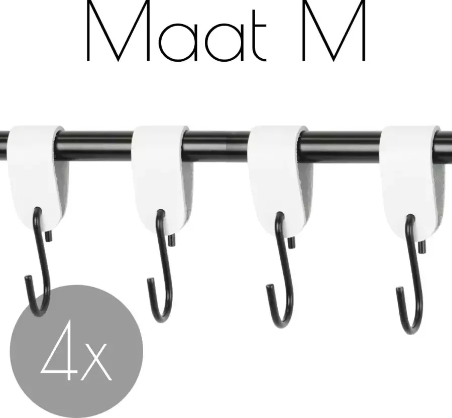 Handles and more 4x Leren S-haak hangers WIT maat M (Leren S-haken S haken handdoekkaakje kapstokhaak ophanghaken)