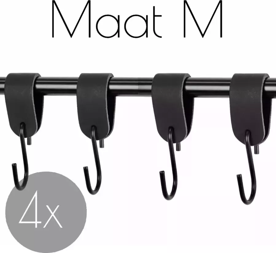 Handles and more 4x Leren S-haak hangers ZWART maat M (Leren S-haken S haken handdoekkaakje kapstokhaak ophanghaken)