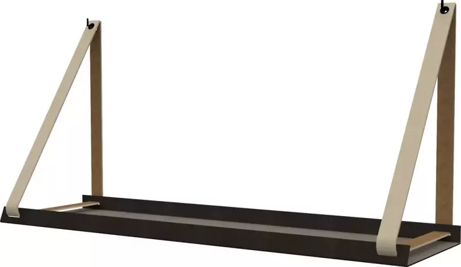 Handles and more Stalen wandplank zwart 70cm + leren plankdragers Creme